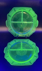2 Green Federal Divided Dinner Plate Depression Glass Princess Pattern - Picture 1 of 4