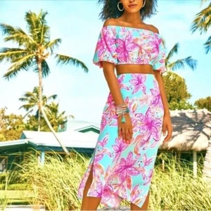 Lilly Pulitzer Esmeray Skirt and Crop Top Set in Surf Blue Bonita Blooms - Picture 1 of 16