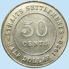 1920 STRAITS SETTLEMENTS UK King George V Genuine SILVER 50 CENTS Coin i98292