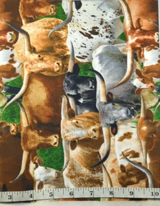 Longhorn Cattle Elizabeth Studios #304 18"xWOF Cotton Sew Quilt Craft Fabric - Picture 1 of 3
