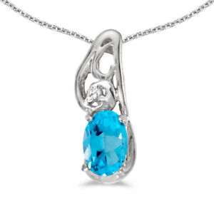 10k White Gold Oval Blue Topaz And Diamond Pendant with 18" Chain