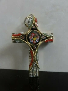 Vintage Italian Gold Tone Micromosaic Cross Crucifix Pendant Glass Multicolor - Picture 1 of 7