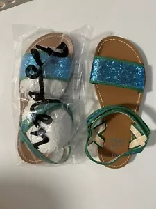 Mini Boden Blue Green Sparkle Glitter Girls Sandals Hook & Loop Shoes 35 3.5 - Picture 1 of 3