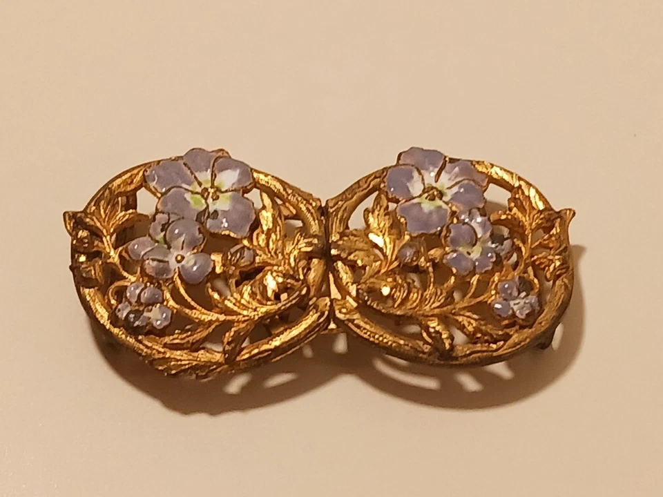 Broche prendedor hebilla faja de cinturón floral esmalte latón dorado Art Nouveau de colección Foto 1 de 4