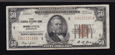 US 1929 $50 FRBN Federal Reserve Bank of Minneapolis FR 1880-I VF (135) - Image 1 of 2