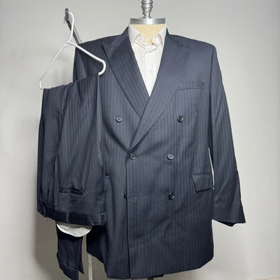Traje de lana Kasper para hombre a rayas doble botonadura negro 48L 38W Foto 1 de 4