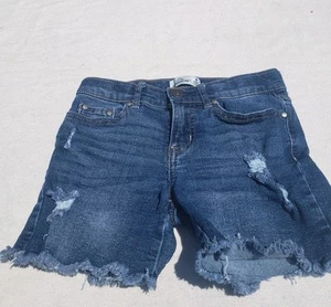 Girl's Jordache Destructed Midi Jean Shorts Dark Wash Sz 8 Adjustable Waist EUC - Picture 1 of 10