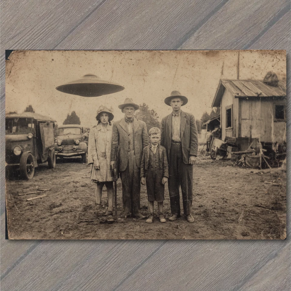 POSTCARD Alien UFO Flying Saucer Old Photo Rural Family Paranormal Strange Humor - Image 1 of 1