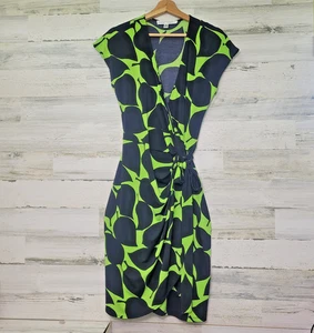 Maggy London Size 12 Lime Green & Black Capped Sleeve Crossover Wrap Dress - Picture 1 of 14