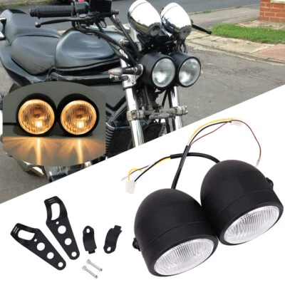 Motorcycle Twin Dominator Headlight Dual Lamp With Mount Bracket Street Black US - Image 1 of 4