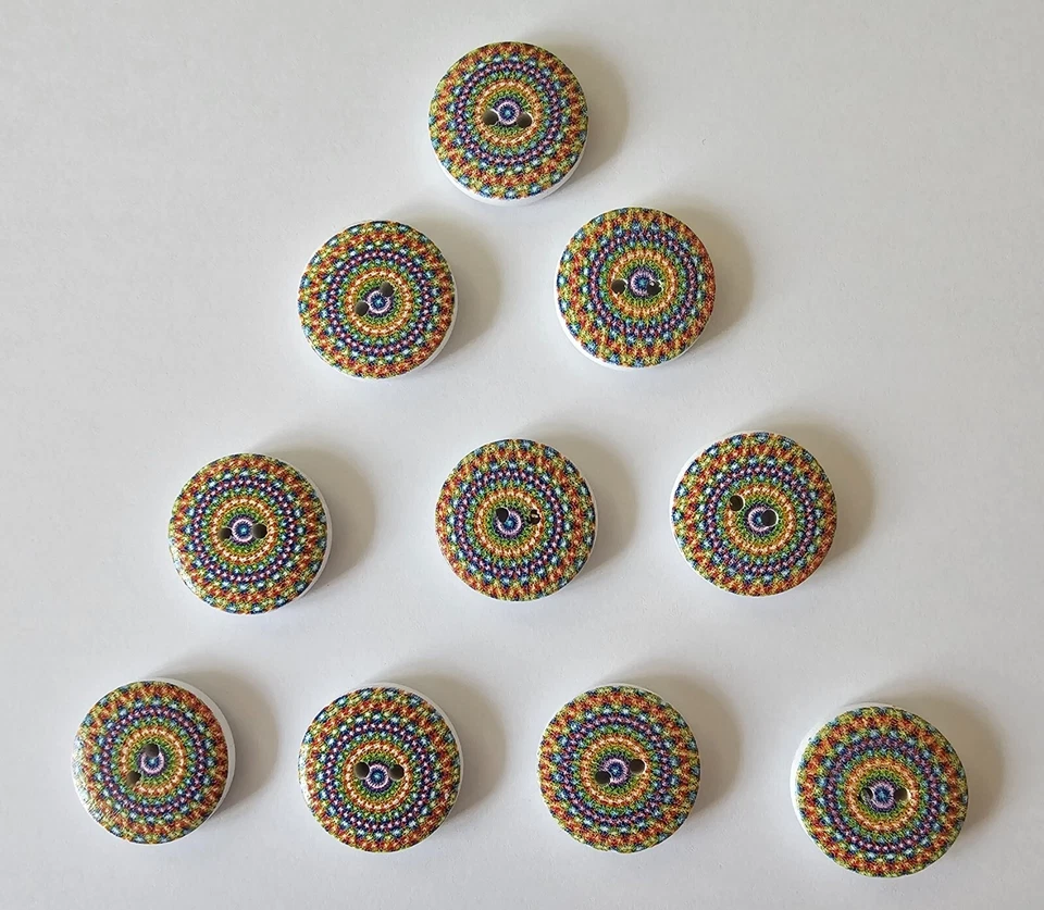 10 Multicoloured Kaleidoscope Effect Pattern Round Buttons Size 20mm - Image 1 of 1