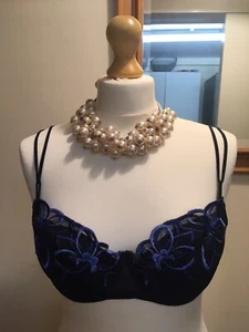 M&S VINTAGE DARK BLUE SPAGHETTI STRAP U/W BALCONETTE BRA WITH FLOWERS UK 34/75 C - Picture 1 of 9