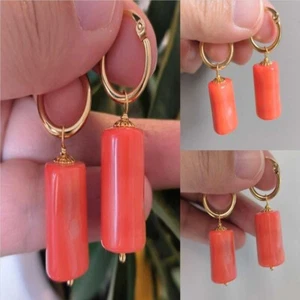 Handmade natural coral bucket pearl earrings 18K Modern Gemstone Clip-on Wedding - Picture 1 of 12