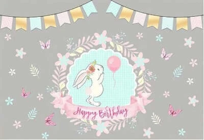 BUNNY RABBIT BUTTERFLIES PERSONALISED BIRTHDAY PARTY BANNER BACKDROP DECORATION - Image 1 of 3