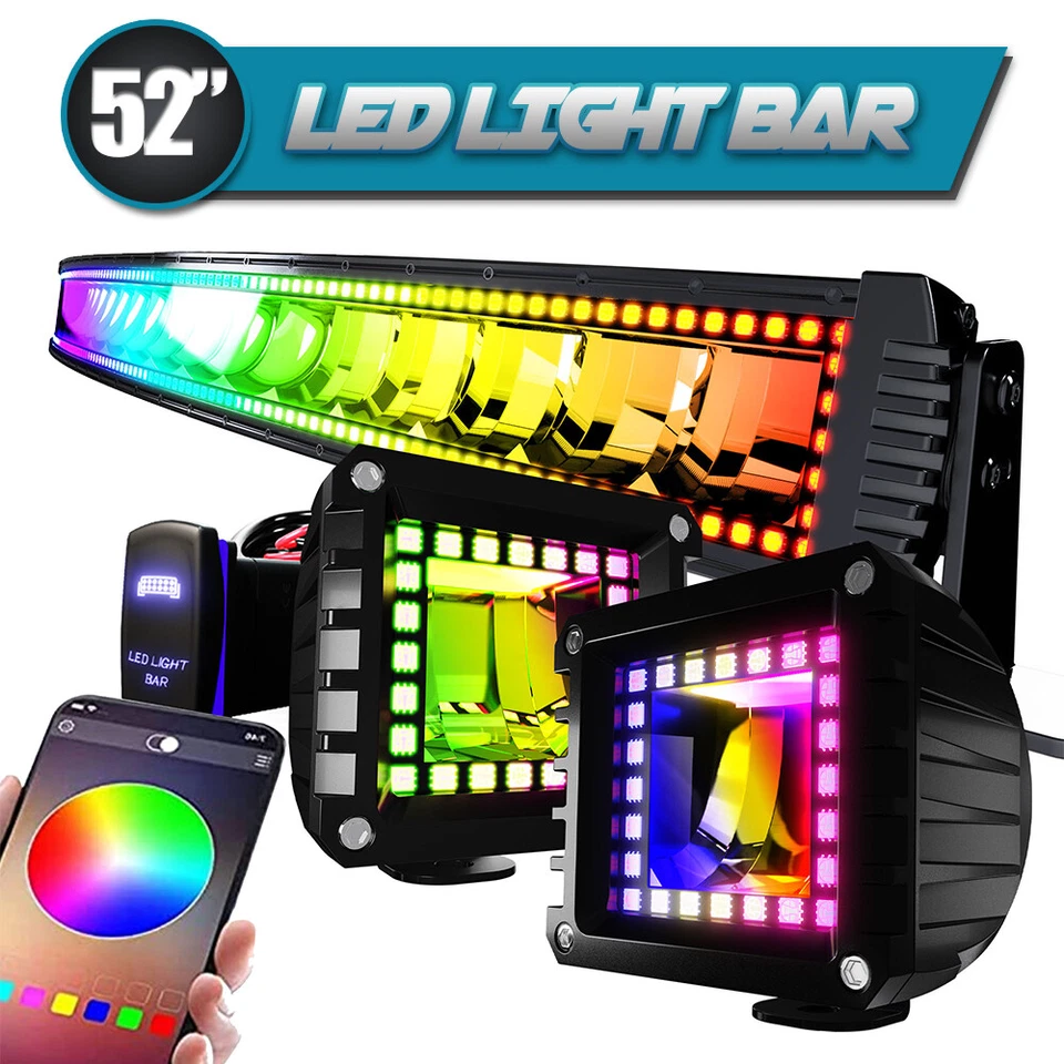 52'' LED Light Bar+2x4'' LED Pods RGB Color Chasing Halo Flash For Truck SUV Foto 1 de 4