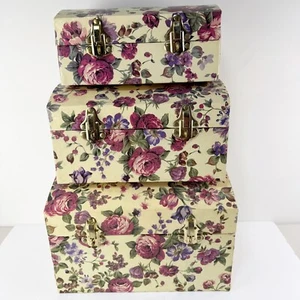 Vintage Floral Nesting Storage Trunks Set Of 3 Side Handles Hinges Latches - Picture 1 of 17