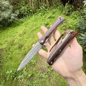 Couteau Pliant Acier Damas Manche En Bois Collection Custom Edc Camping #285 - Afbeelding 1 van 6