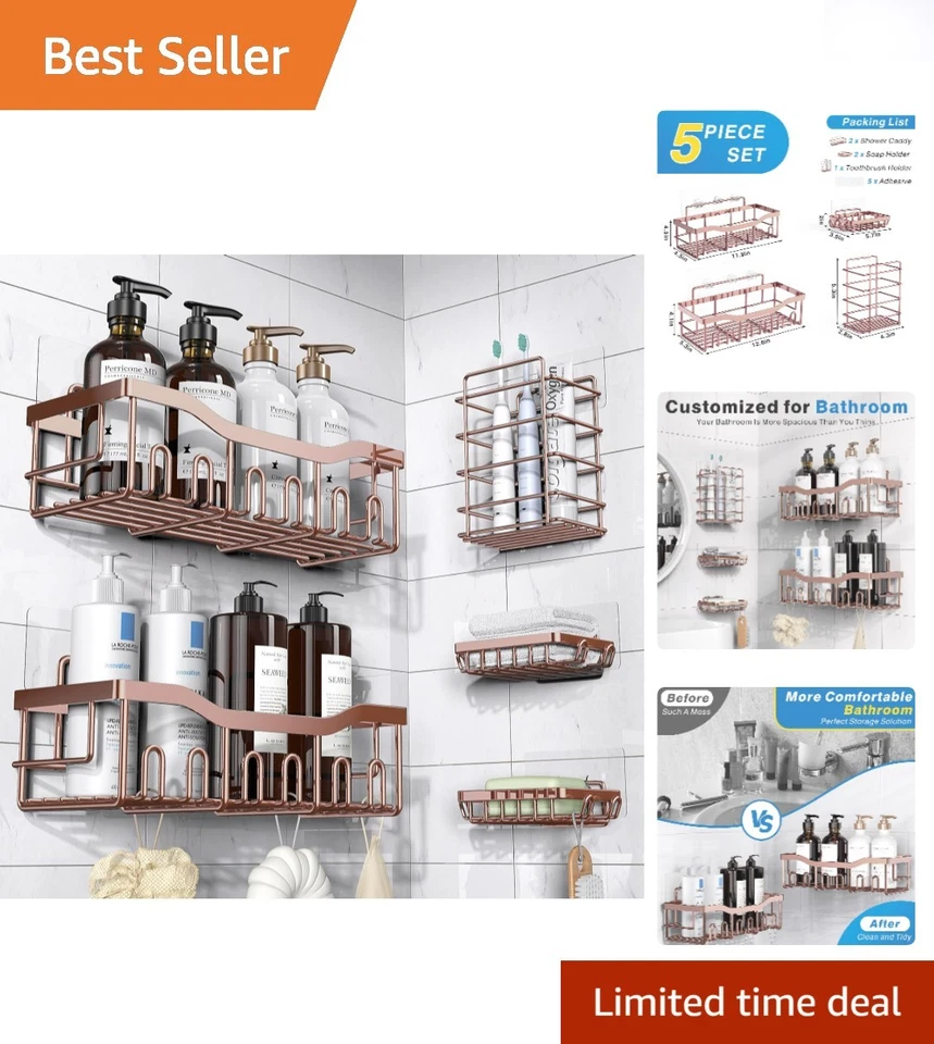 Juego organizador de ducha sin taladro de 5 piezas - Almacenamiento de baño de acero inoxidable duradero Foto 1 de 4
