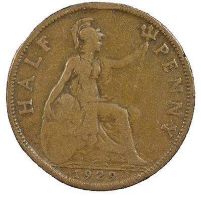 WORLD COIN SALE--1929 UNITED KINGDOM  1/2- PENNY--BRONZE COMP. COIN-KM# 837 - Image 1 of 3