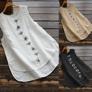 Womens Cotton Linen Sleeveless Tank Top Vest Ladies Loose T-Shirt Cami Blouse US - Picture 1 of 16