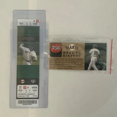 Barry Bonds *Home Run 756 8/7/2007 boleto de temporada + pin promocional pliegue de regalo/EX Foto 1 de 4
