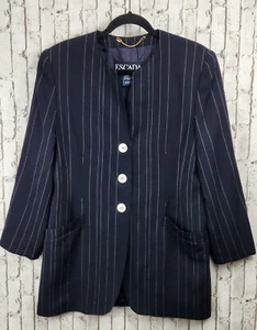 vtg. Escada Margaretha Ley Size 44 Germany Navy Pinstripe Wool Collarless Blazer - Picture 1 of 8