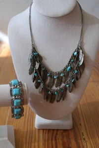 Silver and Turquoise Tone Feather Necklace and Bracelet - Picture 1 of 8