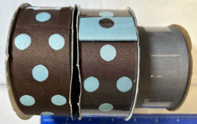 Ribbon Boutique Lot of 3-1.5" wide-Brown Blue Polka Dots-Gray-8+ yards-Offray - Image 1 of 4