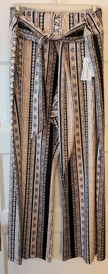 NY Collection Sz XL Black/Pink/White Striped Self-Tie Pull-On Wide-Leg Pants NWT - Image 1 of 4