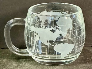 Vintage Nestle Nescafe Etched Clear Glass World Globe Coffee Mug Cup Top Read - Picture 1 of 8