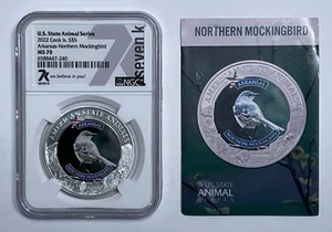 2022 Cook Islands $5 US State Animal Series Arkansas Mockingbird NGC MS70 - Picture 1 of 8