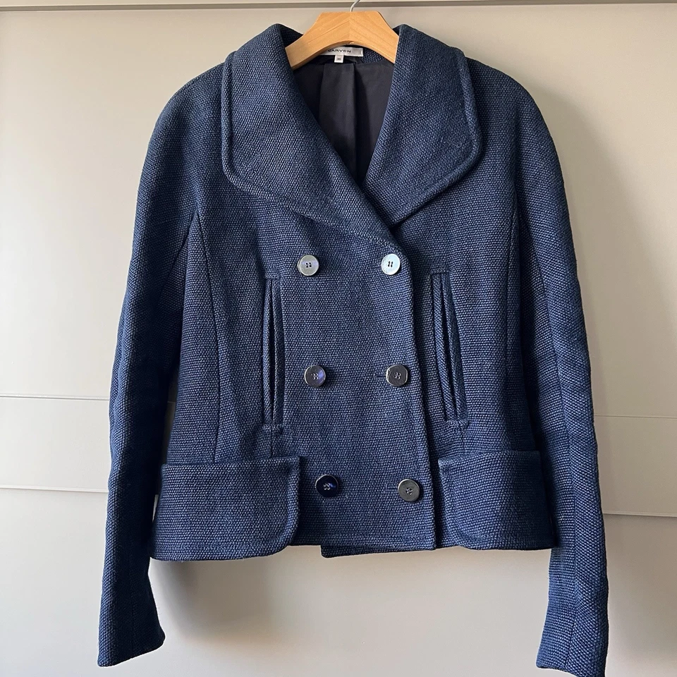 Jaqueta de juta Carven Cropped Pea Coat feminina tamanho 36 azul designer luxo preppy - Imagem 1 de 4