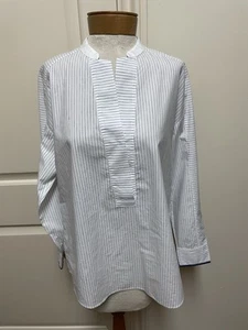 Massimo Dutti Women's Size S Blue White Striped V Neck Stand Collar Shirt Cotton - Picture 1 of 15