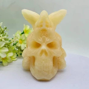 Calavera de la muerte tallada en cuarzo de calcita amarilla natural 1 pieza cristal Reiki decoración curativa - Imagen 1 de 5