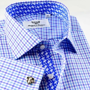 Camisa de vestir de negocios azul y lila con revestimiento interior floral azul diseño único - Imagen 1 de 8