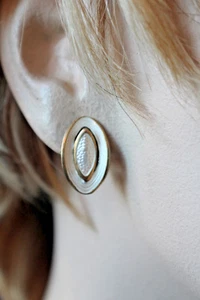 AKSEL HOLMSEN 925 & WHITE GUILLOCHE OVAL IN OVAL CLIP ON EARRINGS - Picture 1 of 3