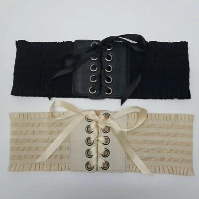 Lace Up Elastic Stretch Belt Corset Gothic Lolita Lace Up Shaping Black Beige - Image 1 of 4