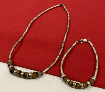 Juego de collar y pulsera vintage de plata de ley 925 con cuentas de piedra ojo de tigre Foto 1 de 4