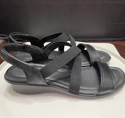 Ecco 女式楔形凉鞋 10-10.5 舒适全新黑色低跟可调肩带 — 第 1/4 张图片