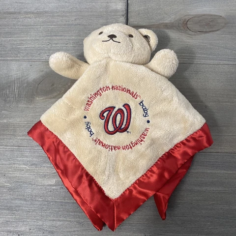 Washington Nationals Baby Lovey Bear Blanket MLB Licensed Tan Bear Red Trim Cover