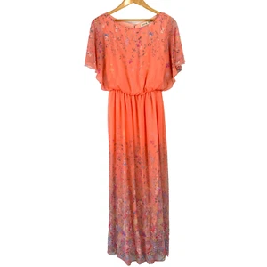 Vintage Hanae Mori Chiffon Blouson Peach Wildfloral Long Dress 8 Harzfelds - Picture 1 of 18