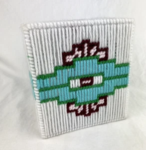 Vintage Handmade Southwest Design Needlepoint Tissue Box Holder Plastic Canvas - Picture 1 of 8