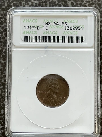 1917-D Lincoln Cent, MS64 RB ANACS ~ Lustrous, Glossy, Red-Brown specimen! Cover
