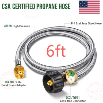 6FT Propane Hose Adapter Hose w/Gauge 1lb to 20lb for Gas Grill Stove Type1 QCC1 - Image 1 of 4