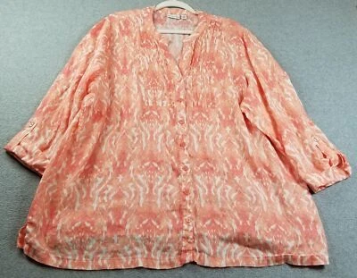 Kim Rogers Button Up Shirt Women’s 3X Plus Orange White Ikat Linen ¾ Sleeves Top - Image 1 of 4