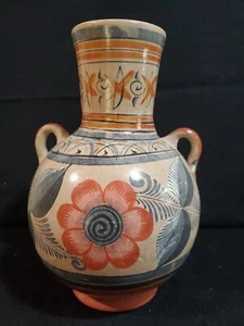 Vintage Tonala Mexican Folk Art Pottery Hand Painted Vase Vessel 9 1/2" (1 chip) - Picture 1 of 7