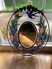 OVAL MIRROR WITH PAINTED GLASS FRAME METAL HANGING BRACKET