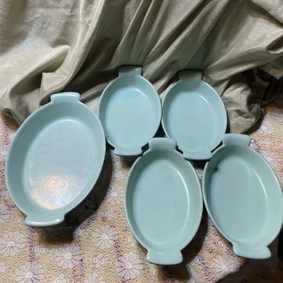 Prizer Ware Enamel Cast Iron Oval Au Gratin Dishes Teal Green OAG1 OAG2 Set Of 5 - Image 1 of 4