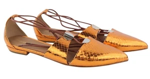 Emporio Armani X3C149 Women's Flat EU37 Orange Shiny Leather Laced Pointed - Picture 1 of 11