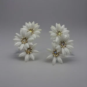 Vintage Coro Kunststoff Blumen Ohrclips weiß goldfarben - Bild 1 von 4